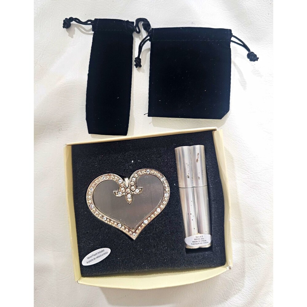 Heart-Shaped Compact Mirror/Lipstick Holder Set NEW W/DEFECTS - RUST LIKE SPOTS